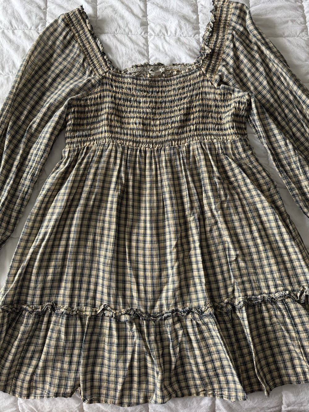 American Eagle Outfitters Yellow and Blue Plaid Smocked Dress